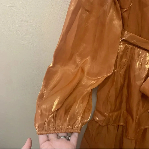 Lulus Sweet Excellence Shiny Rust Orange One-Shoulder Tiered Dress Medium NWT - Picture 6 of 15